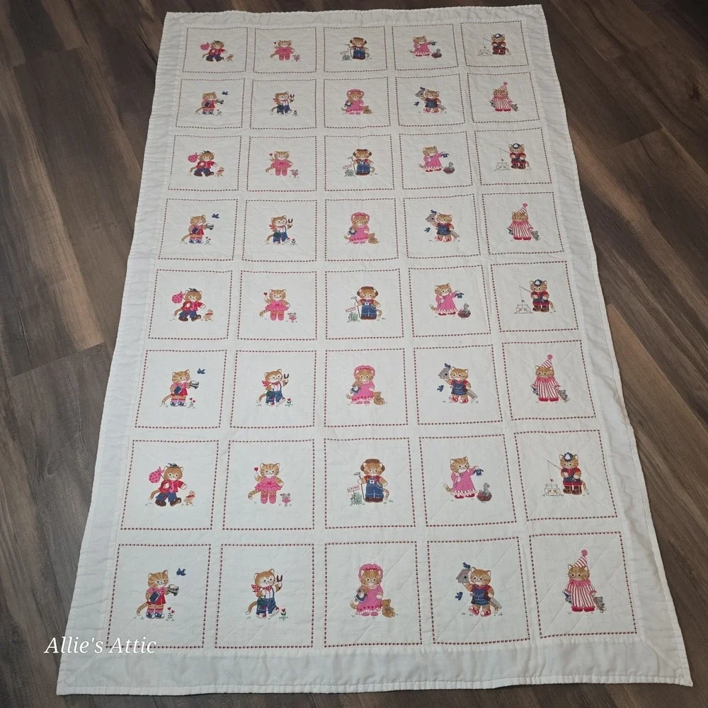 Vintage Cat Quilt Hand Made Patch Work Colorful Throw Blanket Anthropomorphic